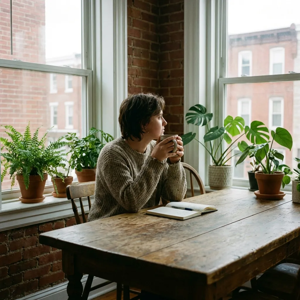 A person enjoying coffee in a sunlit room filled with plants