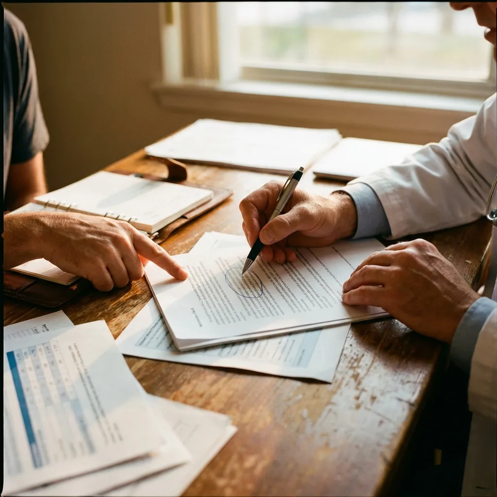 Doctor and patient collaborating on printed strategy document