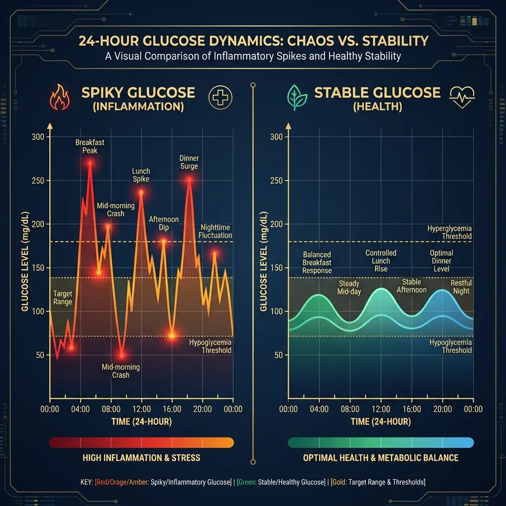 24-hour glucose comparison showing spiky inflammatory patterns versus stable healthy metabolism
