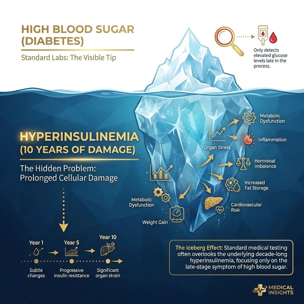 The Insulin Resistance Iceberg shows how standard labs only detect the visible tip while missing years of underlying damage
