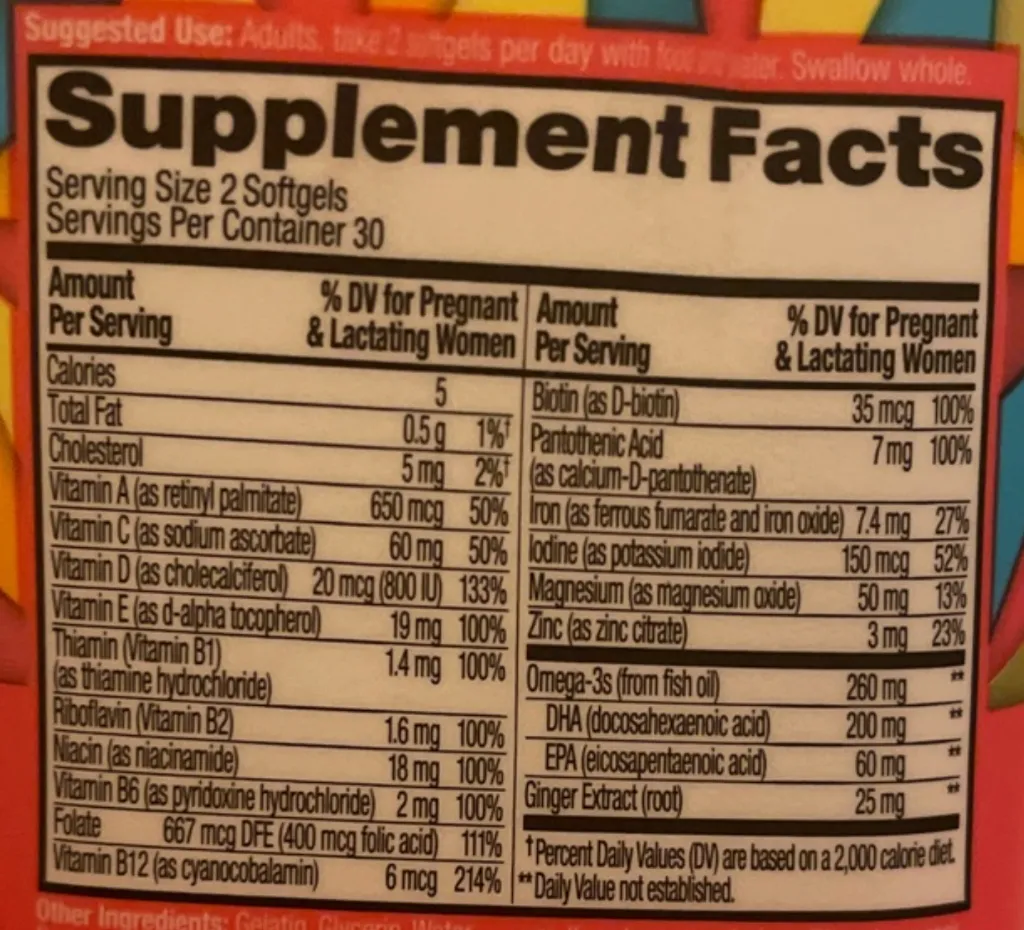 Supplement facts label from a popular prenatal vitamin showing sub-therapeutic doses of Iron and Vitamin D