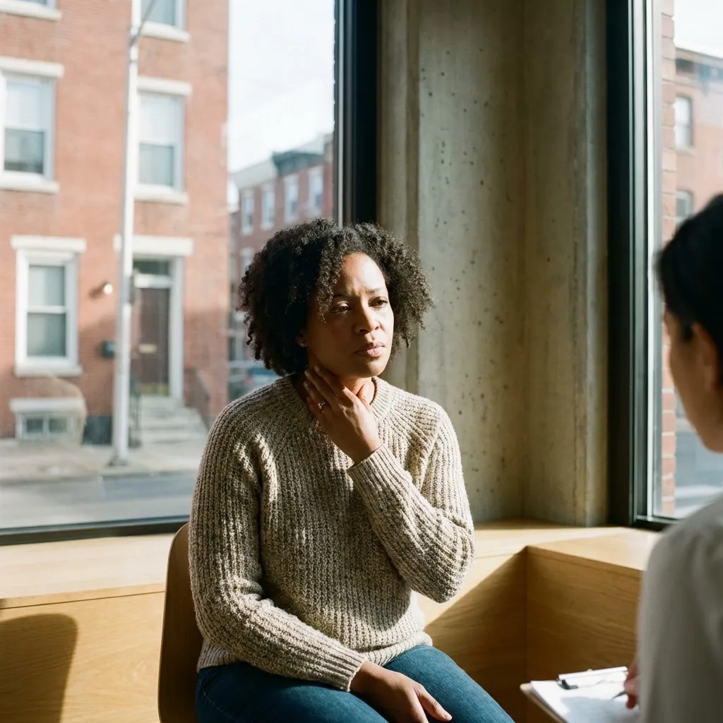 Thoughtful patient touching neck during thyroid consultation